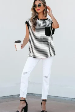 Best Dear-Lover Chest Pocket Patch Round Neck Tank Top Black Stripe