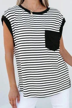 Best Dear-Lover Chest Pocket Patch Round Neck Tank Top Black Stripe