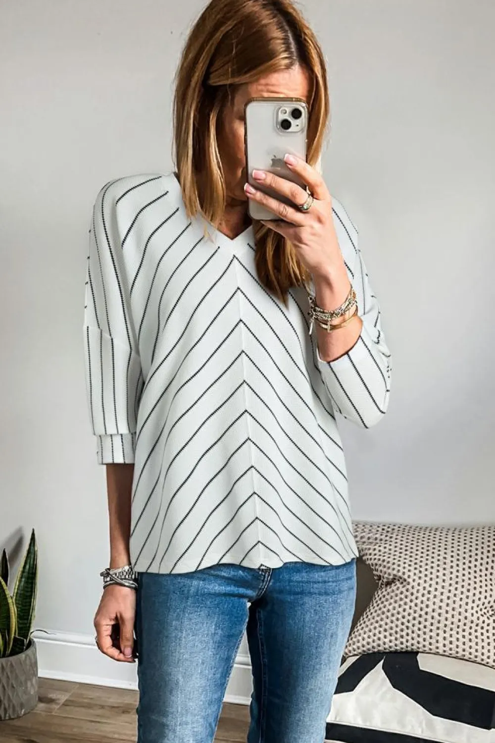 Online Dear-Lover Chevron Striped V Neck Long Sleeve Casual Top Black Stripe