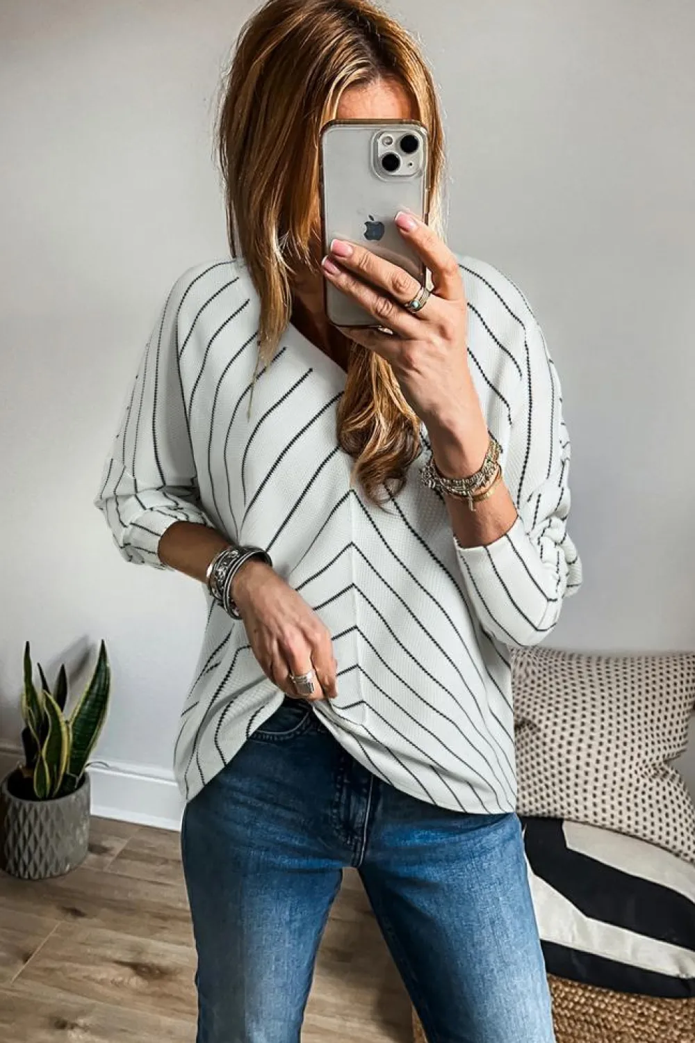 Online Dear-Lover Chevron Striped V Neck Long Sleeve Casual Top Black Stripe