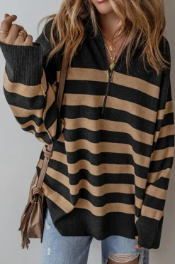 Discount Dear-Lover Collared Quarter Zipper Oversized Sweater Black Stripe