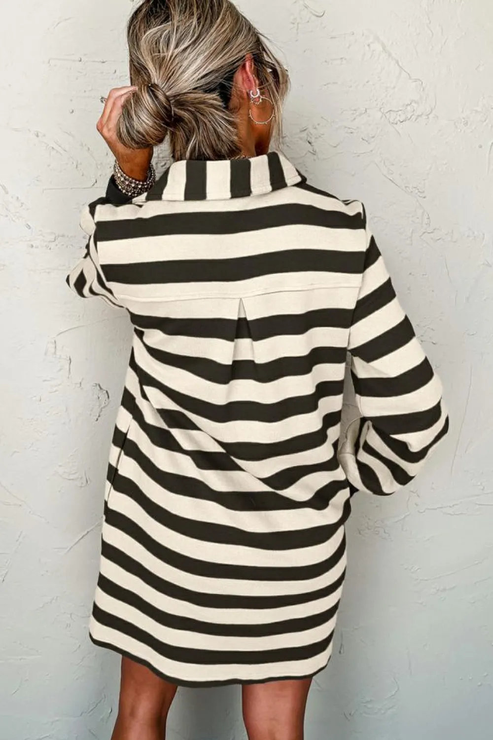 Outlet Dear-Lover Collared V Neck Long Sleeve Loose Casual Dress Black Stripe