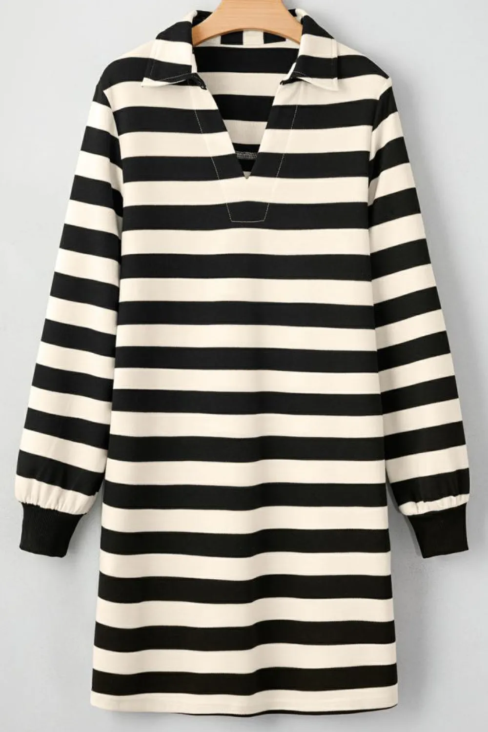 Outlet Dear-Lover Collared V Neck Long Sleeve Loose Casual Dress Black Stripe