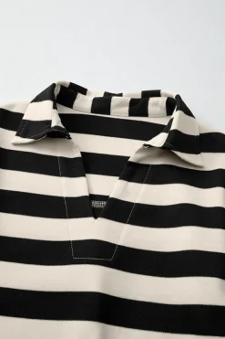 Outlet Dear-Lover Collared V Neck Long Sleeve Loose Casual Dress Black Stripe