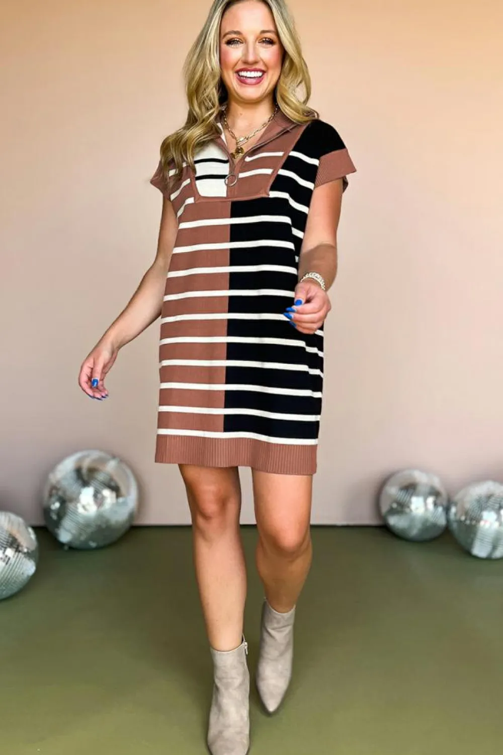 Sale Dear-Lover Color Block Quarter Zip Collar Short Sleeve Sweater Dress Black Stripe