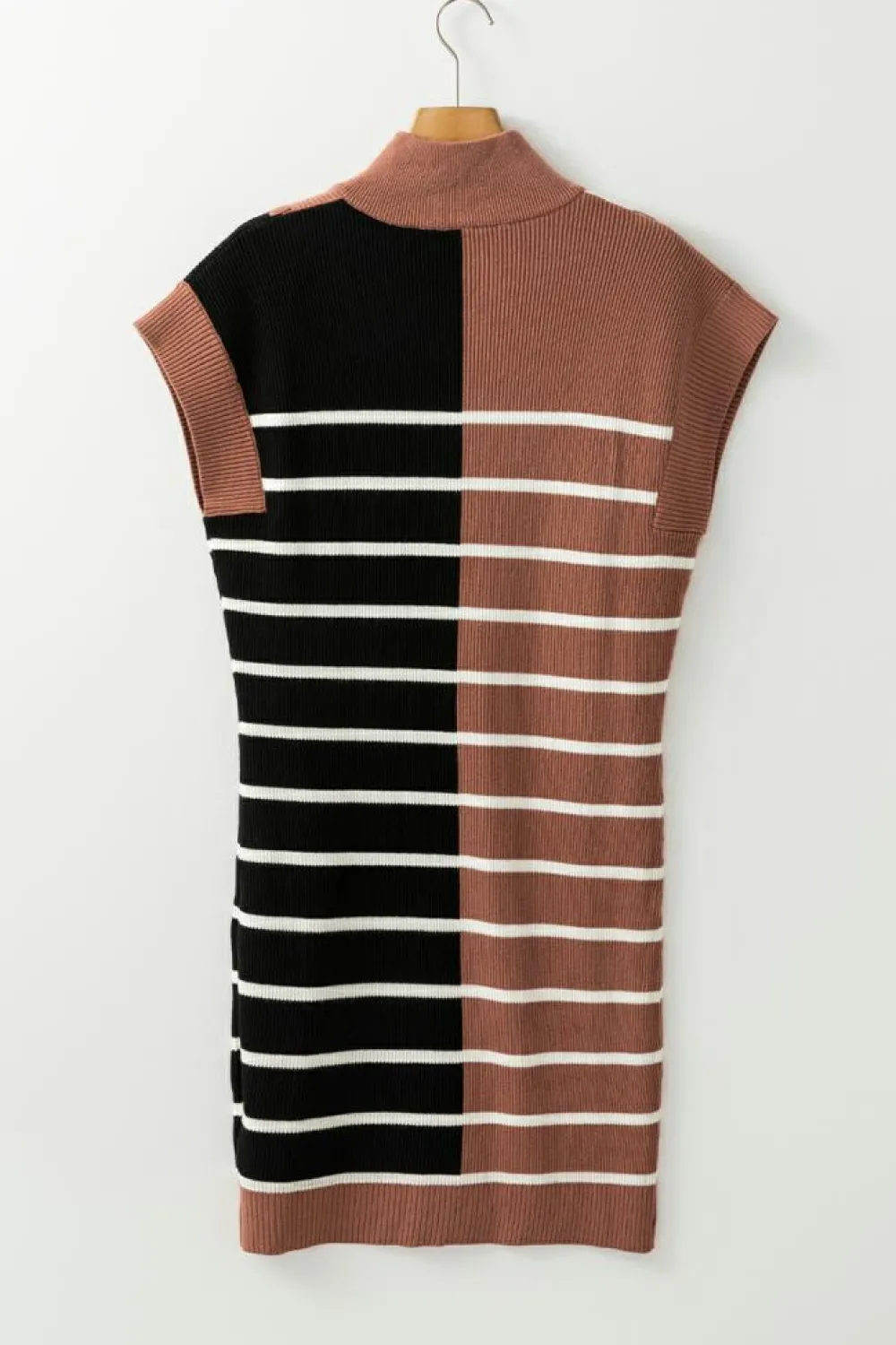 Sale Dear-Lover Color Block Quarter Zip Collar Short Sleeve Sweater Dress Black Stripe