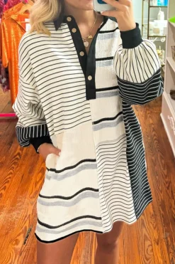 Outlet Dear-Lover Colorblock Knit Henley Collar Shift Long Sleeve Mini Dress Black Stripe