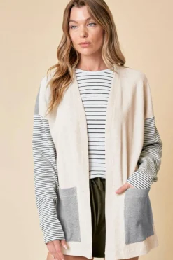 Discount Dear-Lover Colorblock Patchwork Open Front Cardigan with Pocket Black Stripe