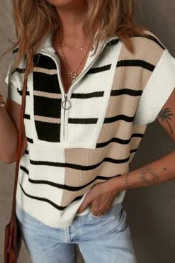 Discount Dear-Lover Colorblock Quarter Zip Collar Sweater Vest Black Stripe