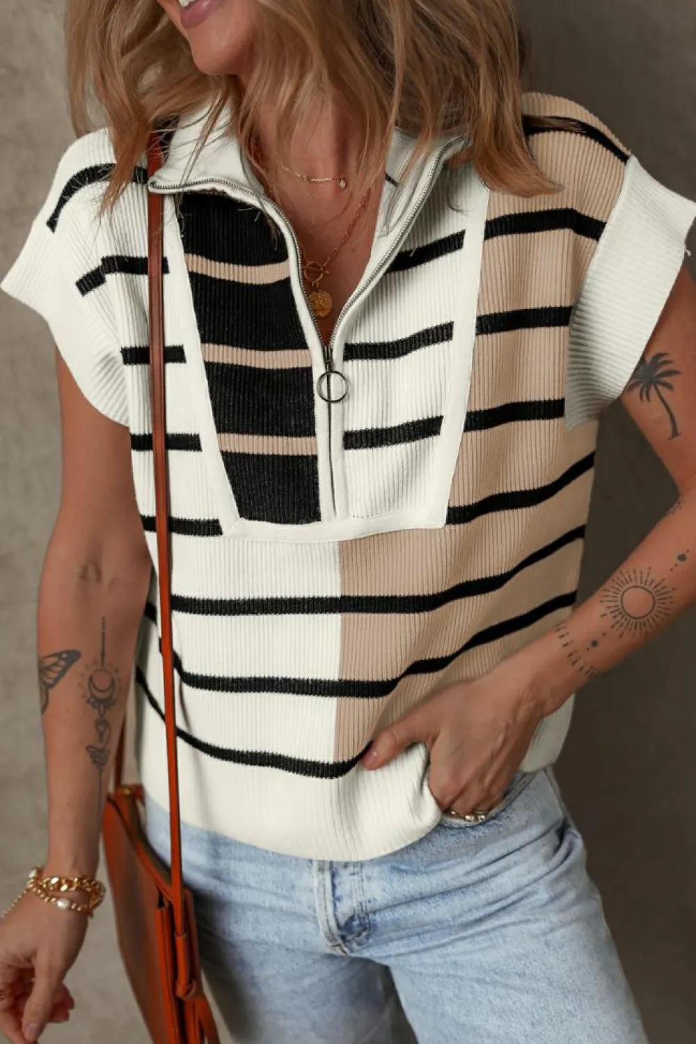 Discount Dear-Lover Colorblock Quarter Zip Collar Sweater Vest Black Stripe