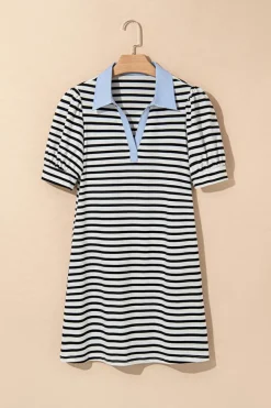 Fashion Dear-Lover Contrast V Neck Collared Puff Sleeve T Shirt Mini Dress with Pockets Black Stripe