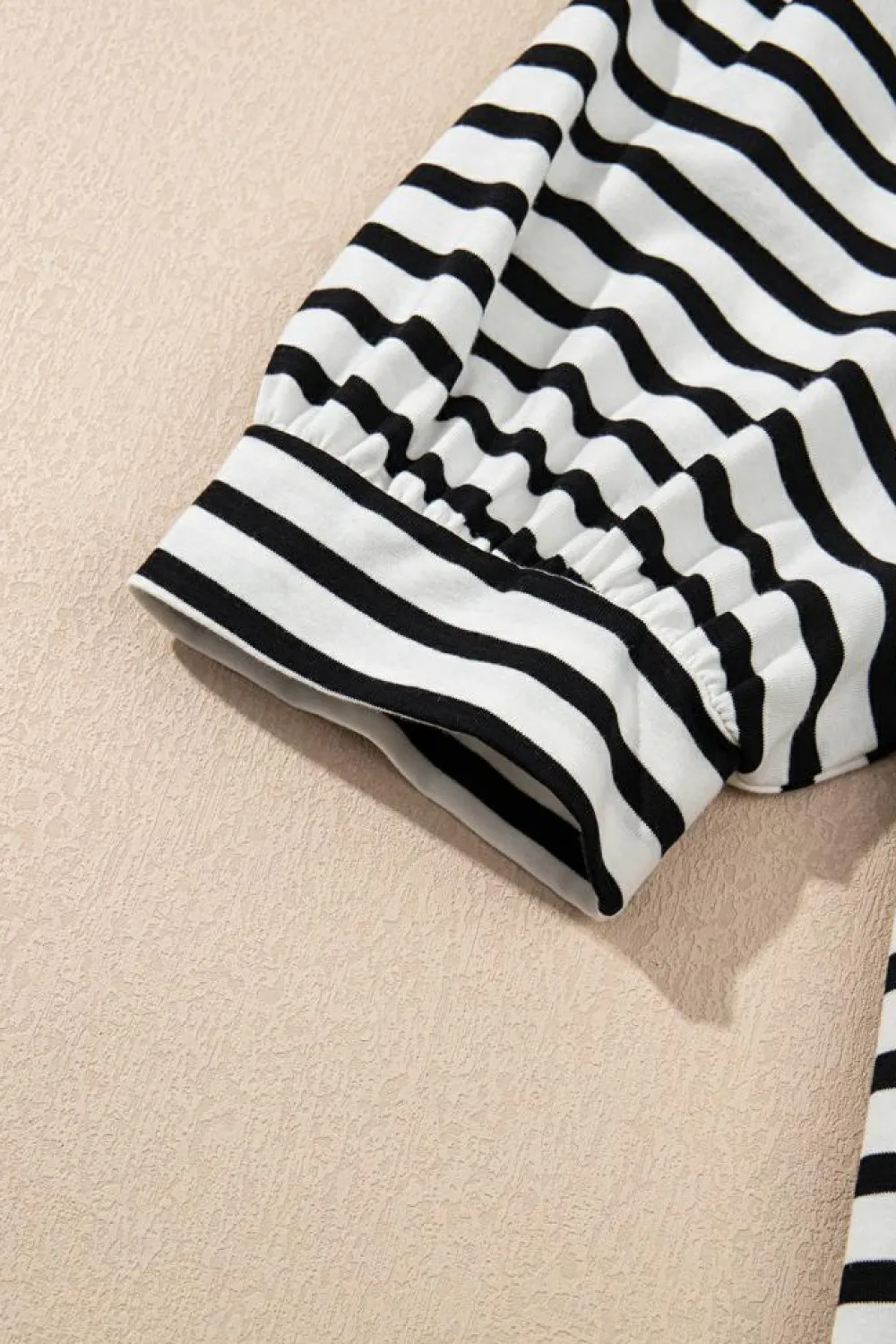 Fashion Dear-Lover Contrast V Neck Collared Puff Sleeve T Shirt Mini Dress with Pockets Black Stripe