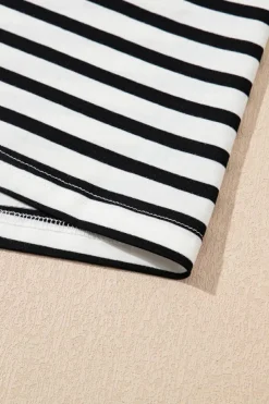Fashion Dear-Lover Contrast V Neck Collared Puff Sleeve T Shirt Mini Dress with Pockets Black Stripe