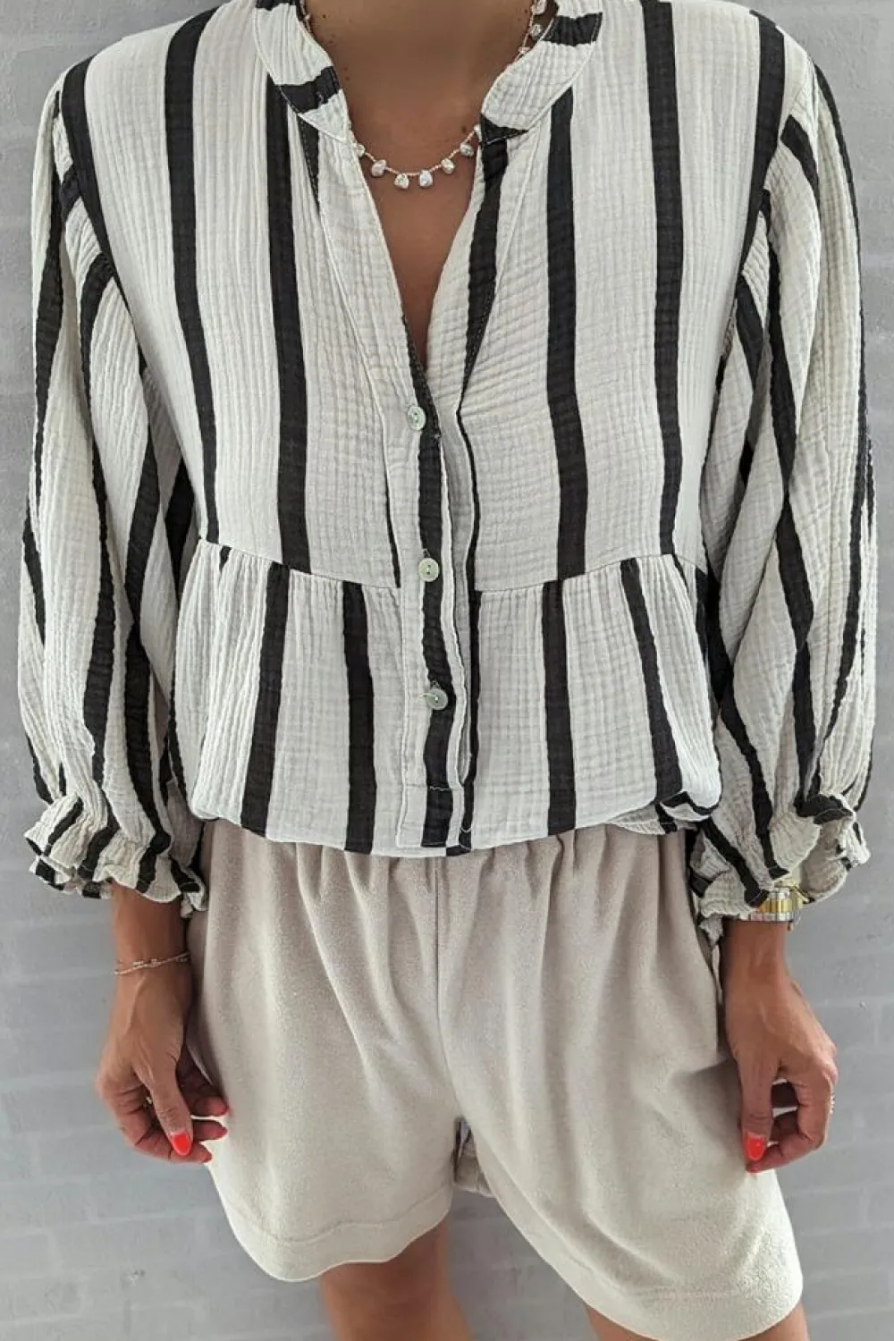 New Dear-Lover Crinckled Ruffled Sleeve Button up Loose Shirt Black Stripe