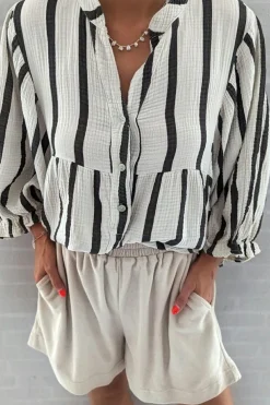 New Dear-Lover Crinckled Ruffled Sleeve Button up Loose Shirt Black Stripe