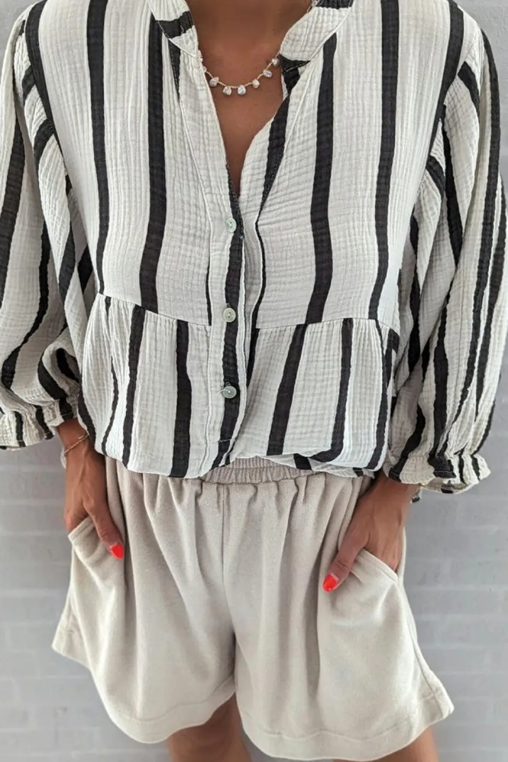 New Dear-Lover Crinckled Ruffled Sleeve Button up Loose Shirt Black Stripe