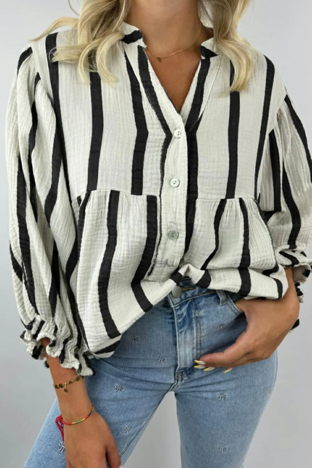 New Dear-Lover Crinckled Ruffled Sleeve Button up Loose Shirt Black Stripe