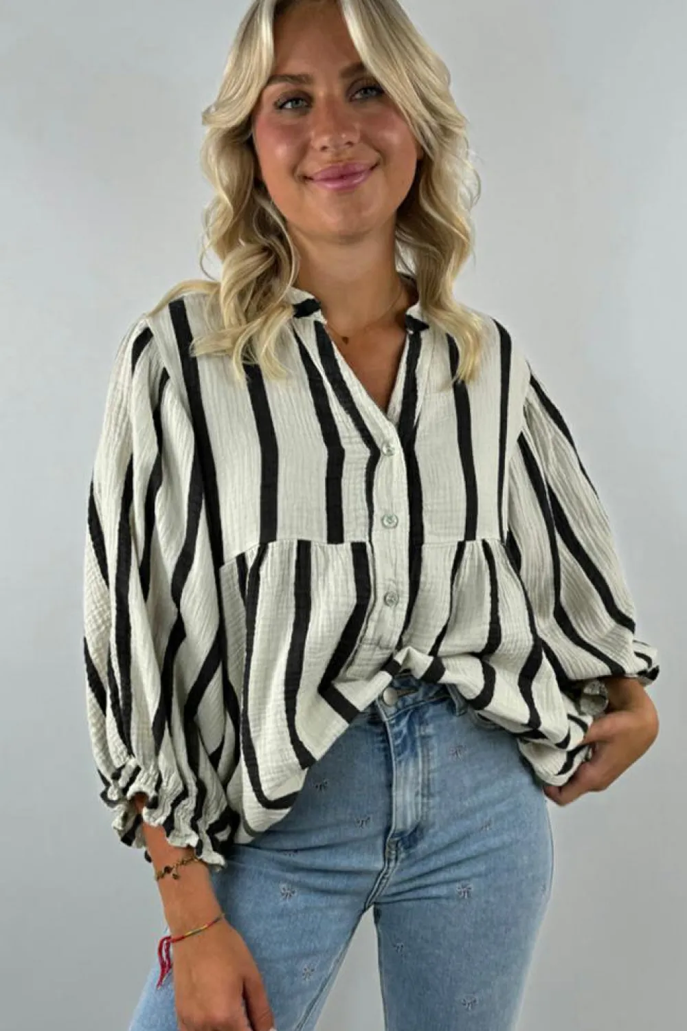New Dear-Lover Crinckled Ruffled Sleeve Button up Loose Shirt Black Stripe