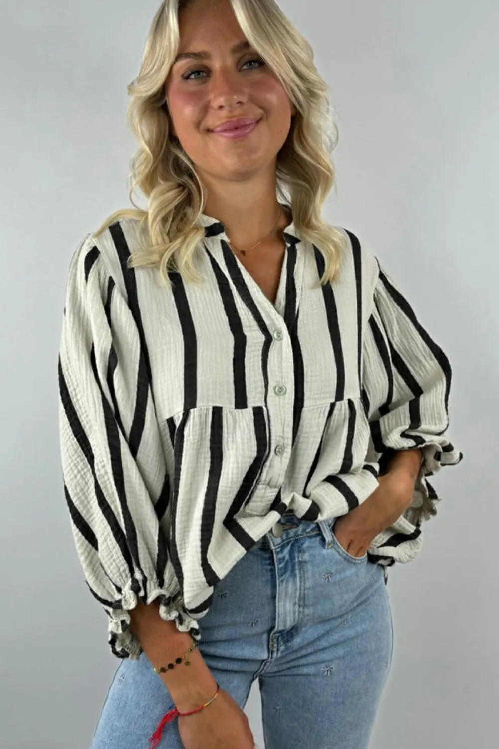 New Dear-Lover Crinckled Ruffled Sleeve Button up Loose Shirt Black Stripe