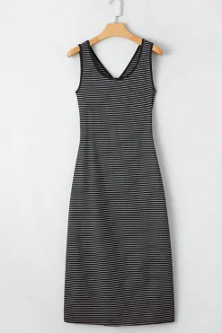 Best Dear-Lover Criss Cross Side Slits Slim Fit Sleeveless Midi Dress Black Stripe