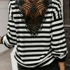 Clearance Dear-Lover Crochet Hollow-out Back Buttoned Shoulder V Neck Top Black Stripe