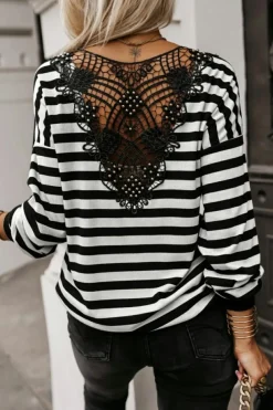 Clearance Dear-Lover Crochet Hollow-out Back Buttoned Shoulder V Neck Top Black Stripe