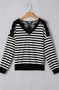 Clearance Dear-Lover Crochet Hollow-out Back Buttoned Shoulder V Neck Top Black Stripe