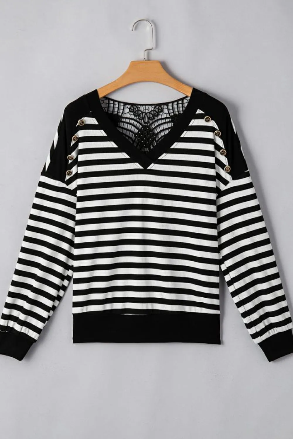 Clearance Dear-Lover Crochet Hollow-out Back Buttoned Shoulder V Neck Top Black Stripe