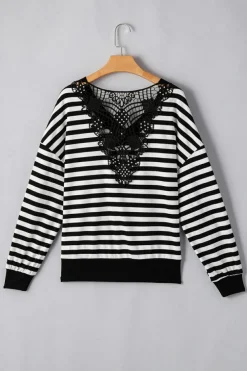 Clearance Dear-Lover Crochet Hollow-out Back Buttoned Shoulder V Neck Top Black Stripe