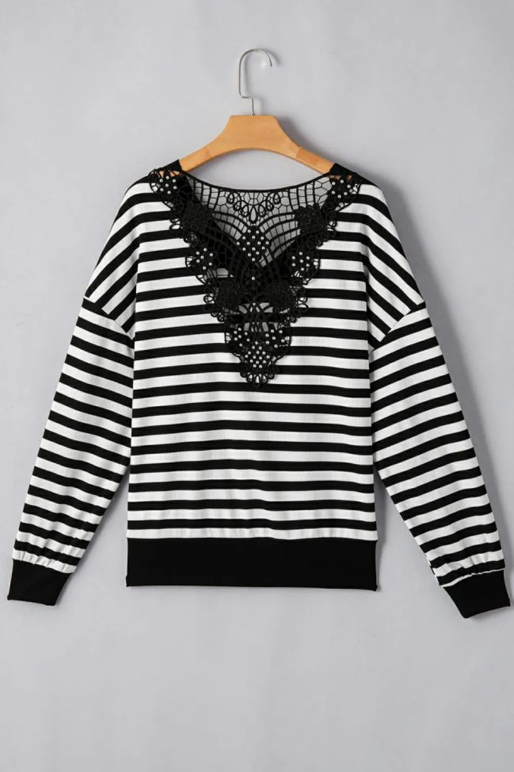 Clearance Dear-Lover Crochet Hollow-out Back Buttoned Shoulder V Neck Top Black Stripe