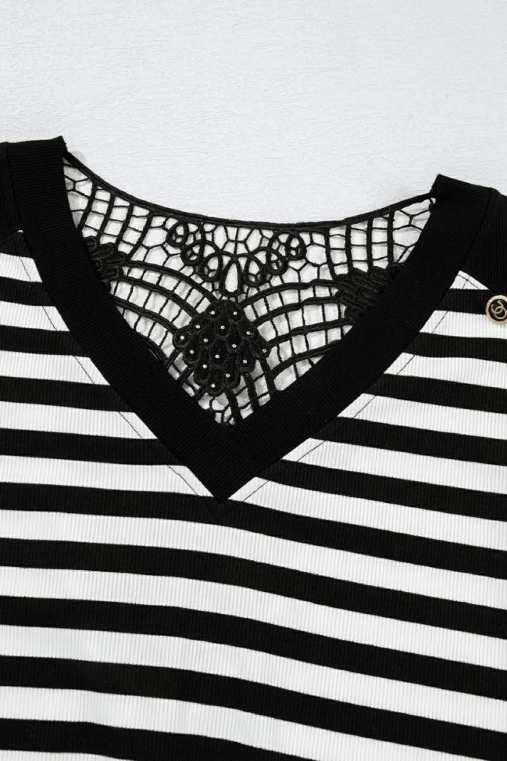 Clearance Dear-Lover Crochet Hollow-out Back Buttoned Shoulder V Neck Top Black Stripe