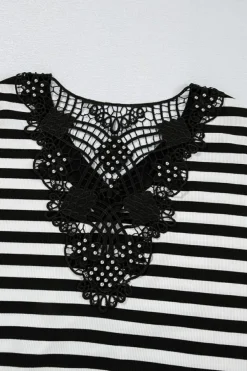 Clearance Dear-Lover Crochet Hollow-out Back Buttoned Shoulder V Neck Top Black Stripe