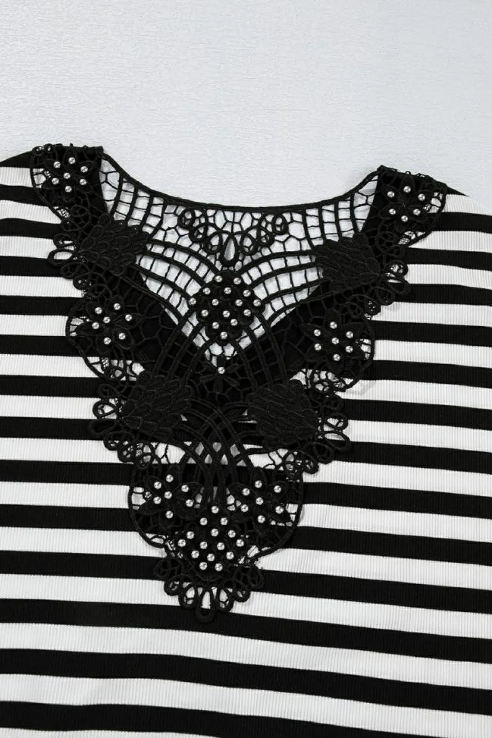 Clearance Dear-Lover Crochet Hollow-out Back Buttoned Shoulder V Neck Top Black Stripe