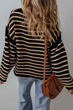Best Dear-Lover Drop Shoulder Round Neck Loose Sweater Black Stripe