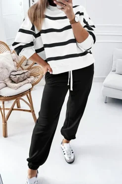 Online Dear-Lover Drop Shoulder Pullover and Jogger Pants Set Black Stripe