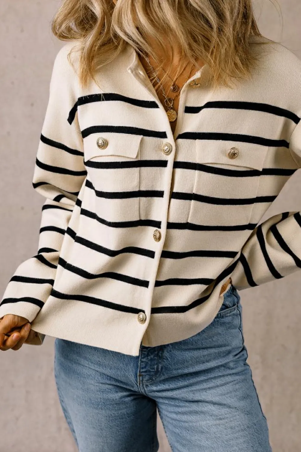 Discount Dear-Lover Flap Pocket Buttoned Cardigan Sweater Black Stripe