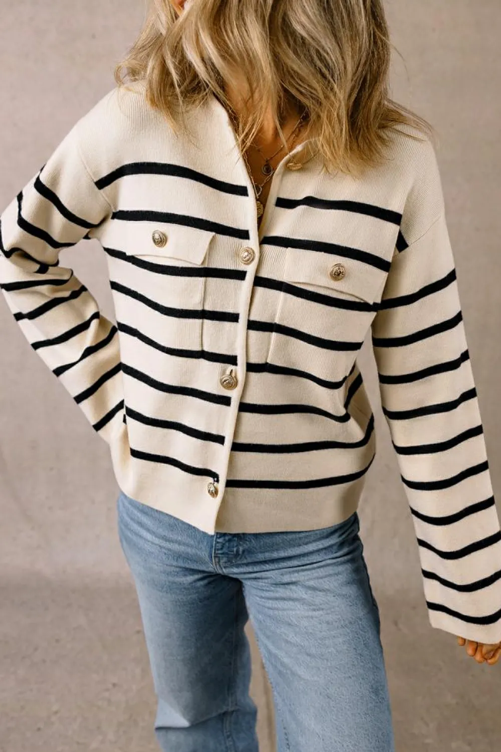 Discount Dear-Lover Flap Pocket Buttoned Cardigan Sweater Black Stripe