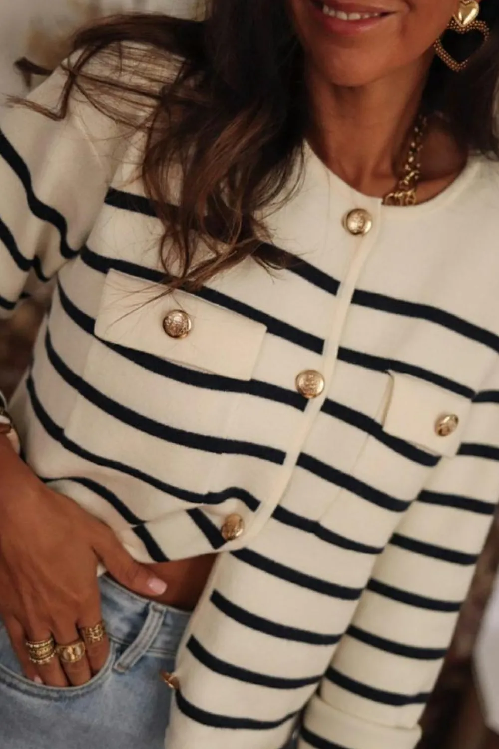 Discount Dear-Lover Flap Pocket Buttoned Cardigan Sweater Black Stripe