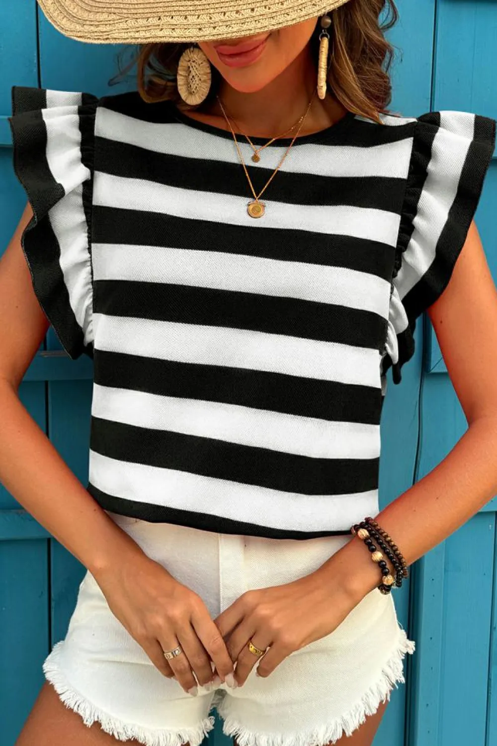 Sale Dear-Lover Flutter Sleeve Round Neck T Shirt Black Stripe