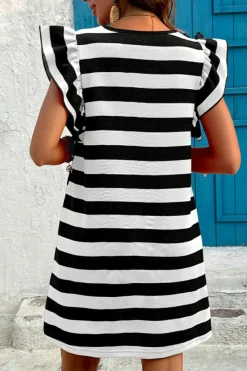 Online Dear-Lover Flutter Sleeve Round Neck Shift Dress Black Stripe