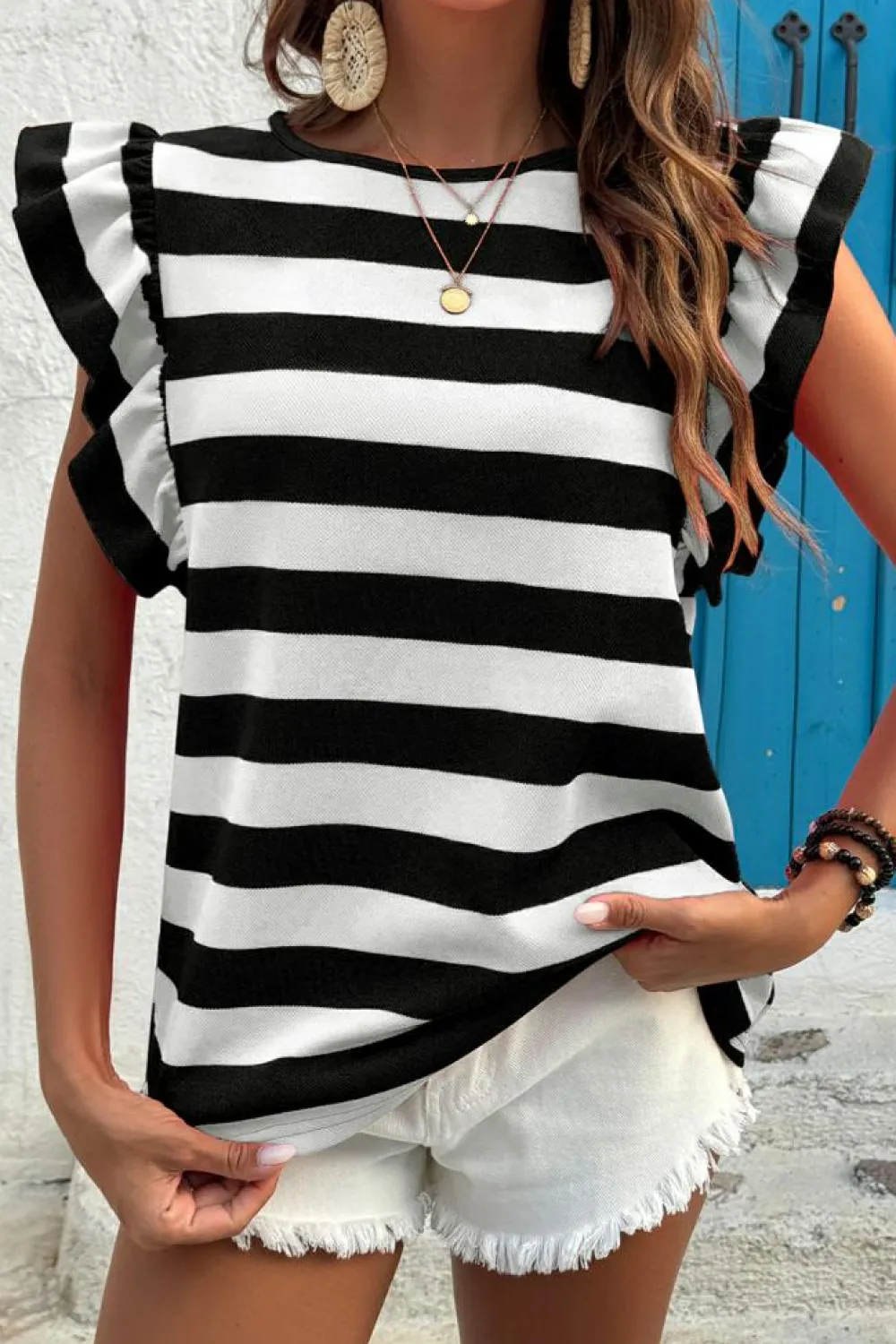 Sale Dear-Lover Flutter Sleeve Round Neck T Shirt Black Stripe
