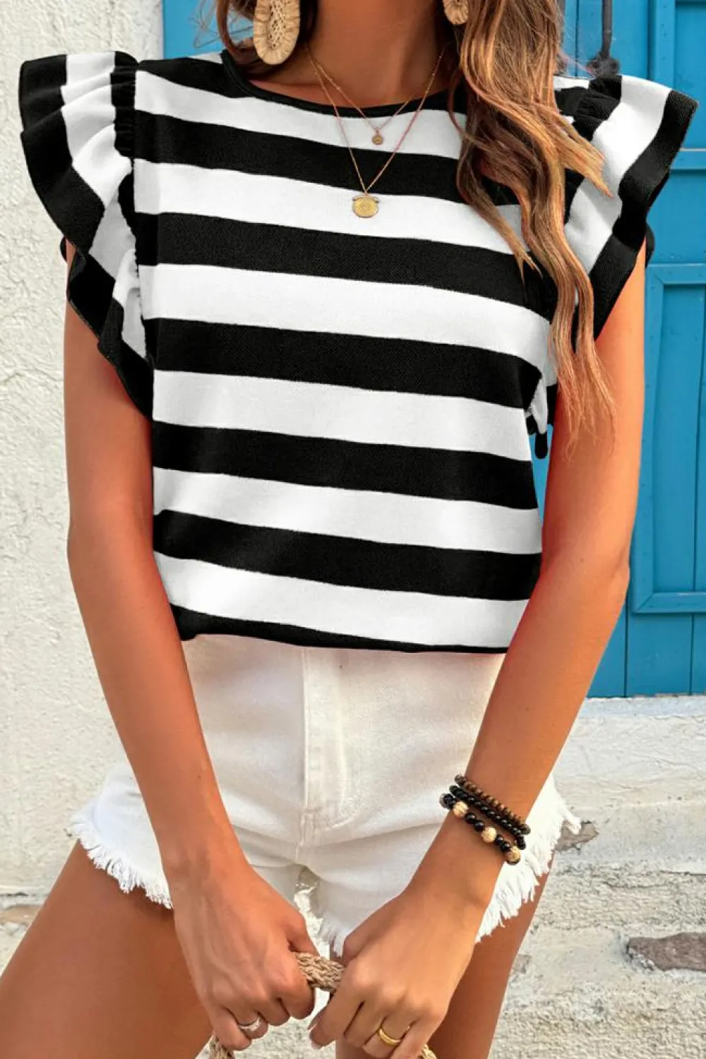 Sale Dear-Lover Flutter Sleeve Round Neck T Shirt Black Stripe