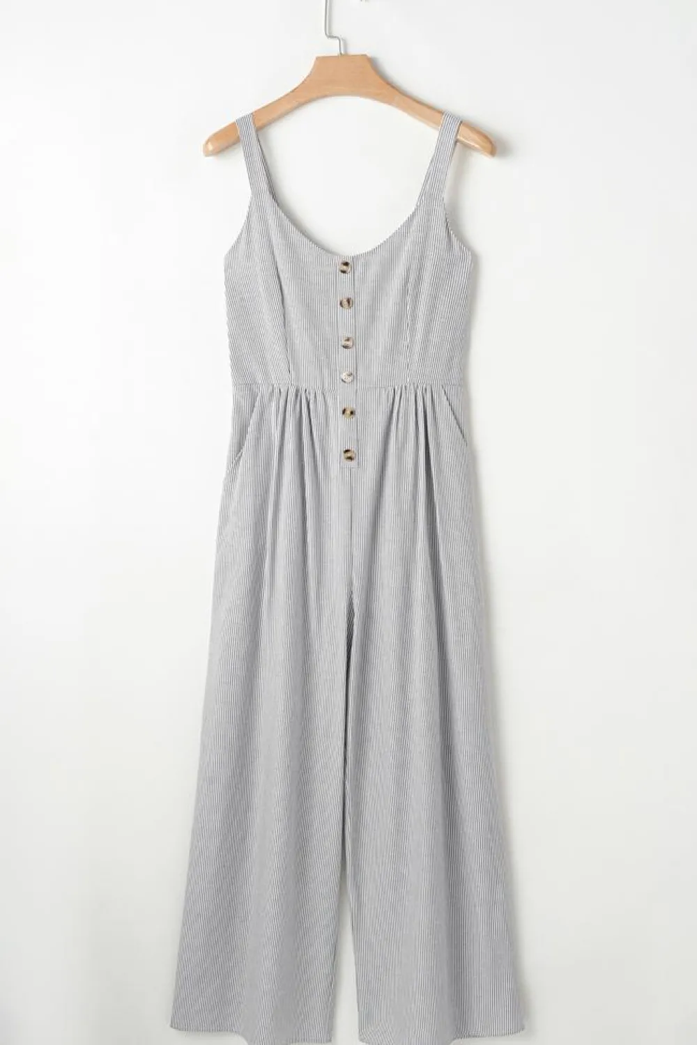 Fashion Dear-Lover Half Buttoned Sleeveless Wide Leg Jumpsuit Black Stripe
