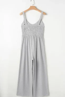Fashion Dear-Lover Half Buttoned Sleeveless Wide Leg Jumpsuit Black Stripe