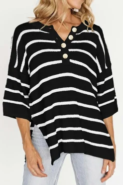 Hot Dear-Lover Henley Buttoned Placket Drop Shoulder Bracelet Sleeve Knit Sweater Tee Black Stripe