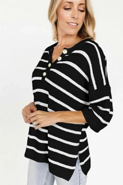 Hot Dear-Lover Henley Buttoned Placket Drop Shoulder Bracelet Sleeve Knit Sweater Tee Black Stripe