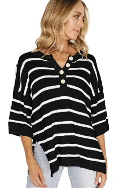 Hot Dear-Lover Henley Buttoned Placket Drop Shoulder Bracelet Sleeve Knit Sweater Tee Black Stripe
