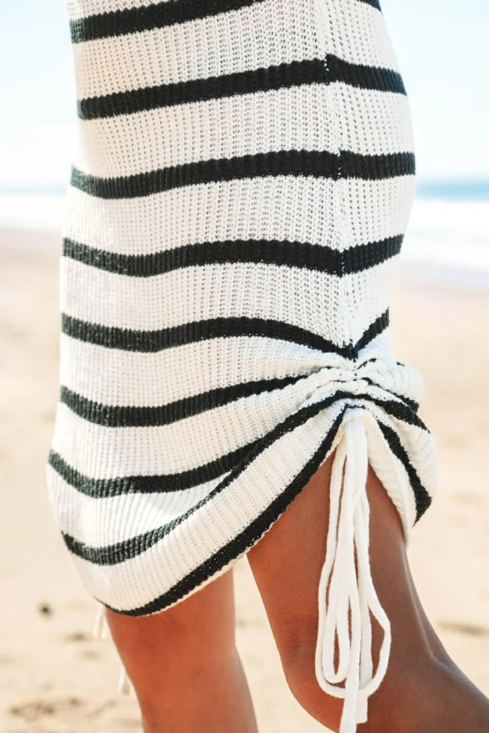 Hot Dear-Lover Knitted Drawstring Detail Sleeveless Dress Black Stripe
