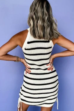 Hot Dear-Lover Knitted Drawstring Detail Sleeveless Dress Black Stripe
