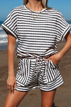 New Dear-Lover Knitted Short Sleeve Top and Drawstring Shorts Set Black Stripe